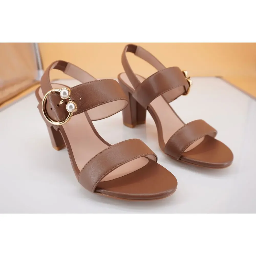 Stuart Weitzman Pearlring 75 mm Block Heel Buckle Sandal SZ 5.5 Camel NIB $495